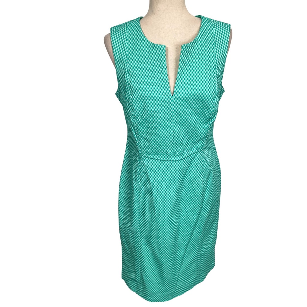 Chaps Dress Womens 12 Jungle Green White‎ Gingham Sheath 60s Vibe Summer Career
